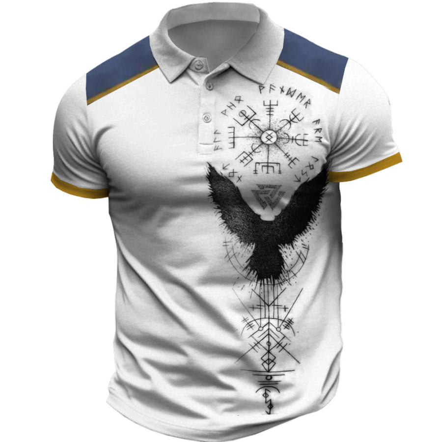 

T-shirt Col Polo à Imprimé Aigle Viking Vintage Pour Homme