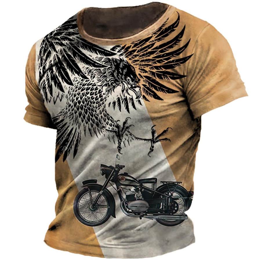 

Plus Size Herren-T-Shirt Mit Vintage-Eagle-Motorrad-Farbblock-Print