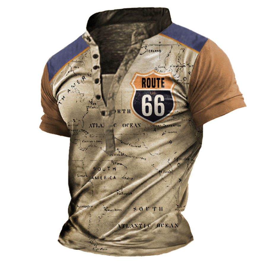 

Men's Vintage World Map Route 66 Colorblock Henley T-Shirt