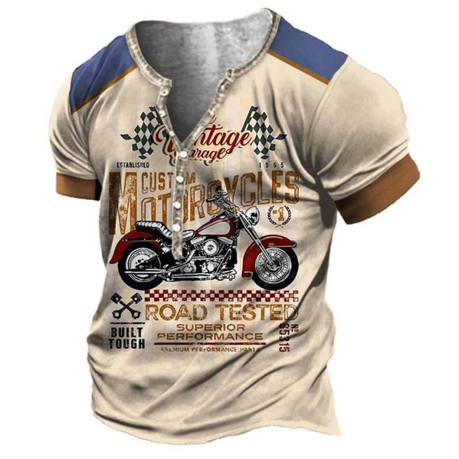 

Plus Size Men's Vintage Motorcycle Colorblock Henley T-Shirt