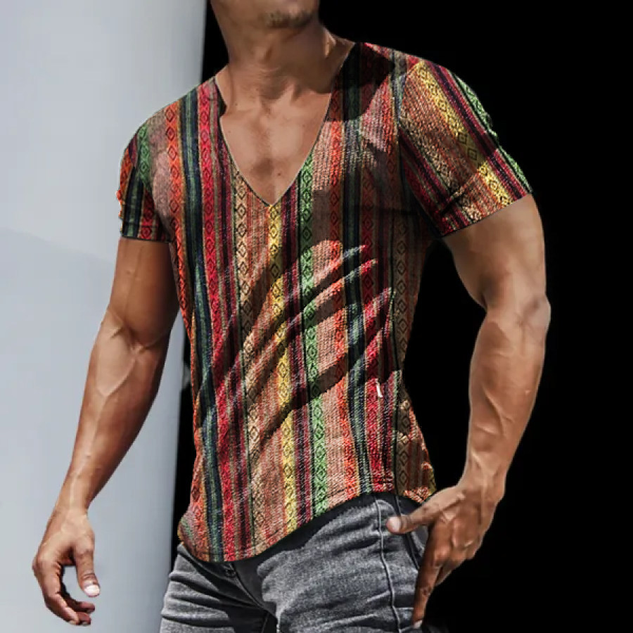 

Men's Ethnic Pattern Casual Slim Short Sleeve T-Shirt Sports V Neck Tops