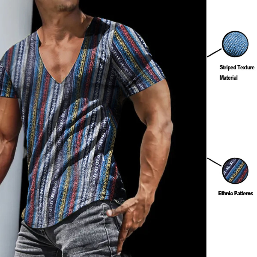 

Men's Ethnic Pattern Casual Slim Short Sleeve T-Shirt Sports Fitness Running V Neck Tops