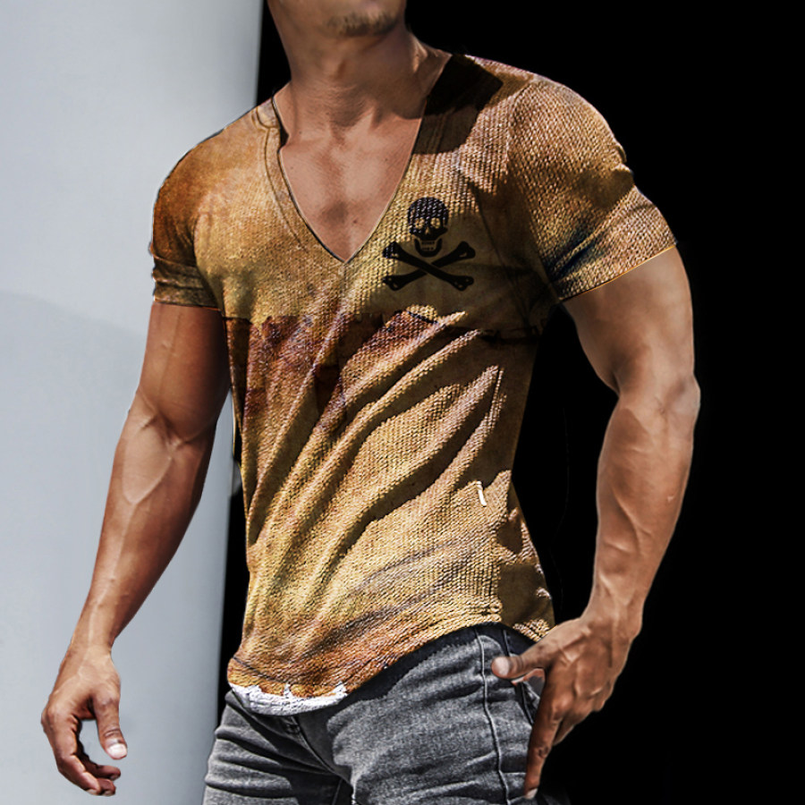 

Men's Skull Casual Slim Short Sleeve T-Shirt Sports Fitness Running V Neck Tops
