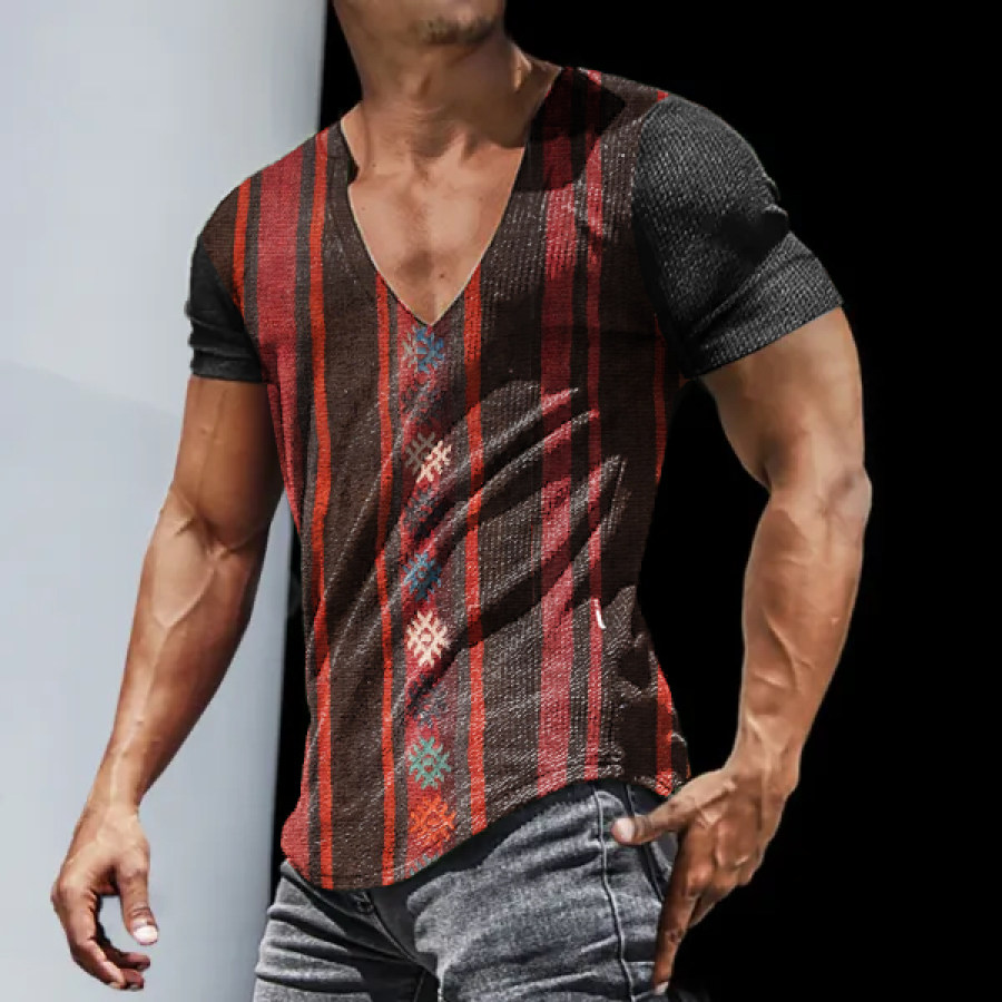 

Men's Ethnic Pattern Casual Slim Short Sleeve T-Shirt Sports Fitness Running V Neck Tops