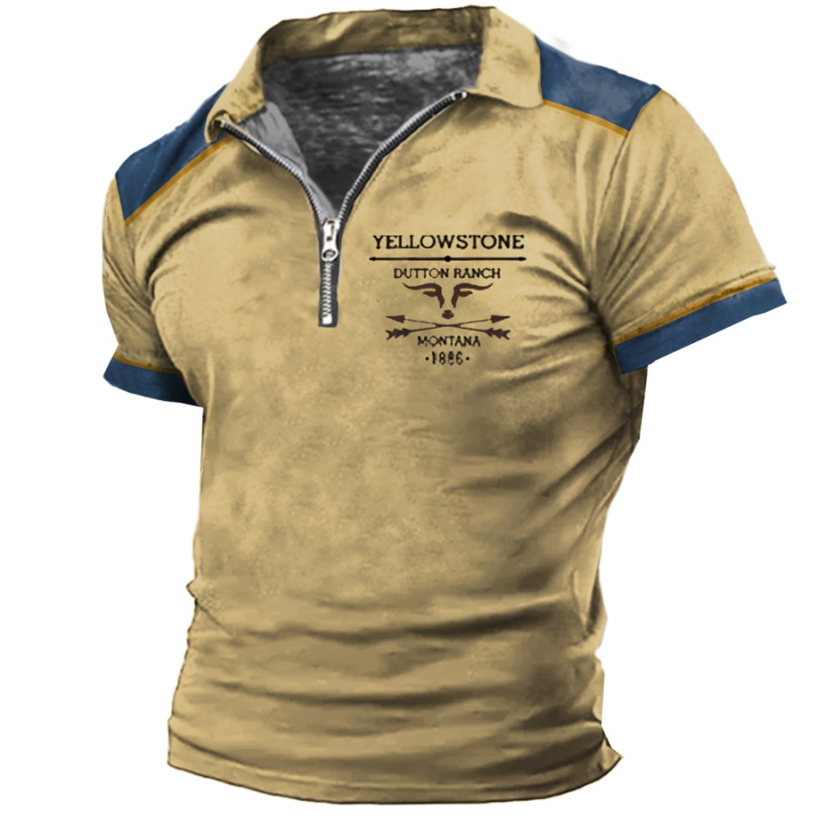 

Men's Vintage Western Yellowstone Print Zip Lapel T-Shirt