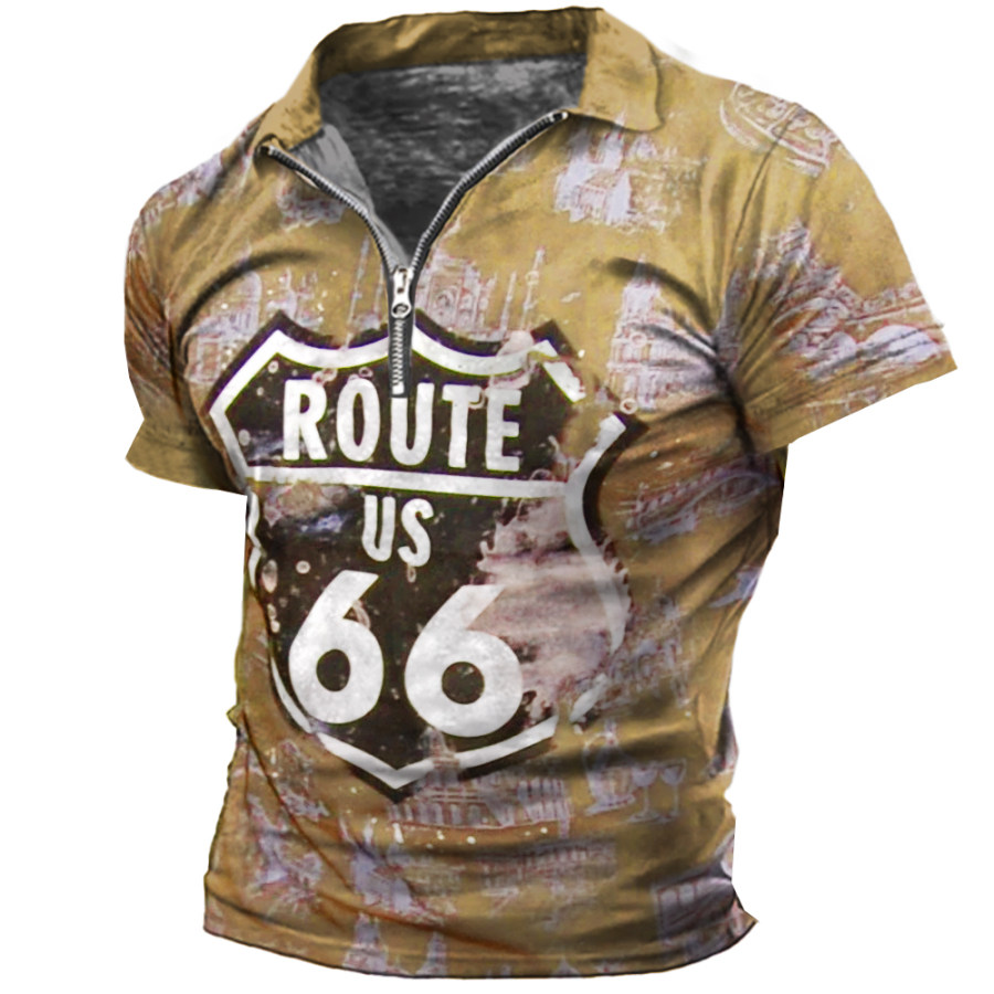 

Men's Vintage Route 66 Print Zip Lapel T-Shirt