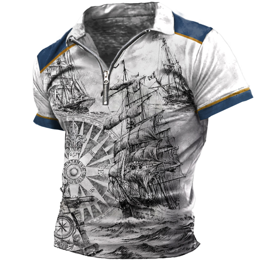 

Men's Vintage Nautical Sail Compass Print Zipper Lapel T-Shirt