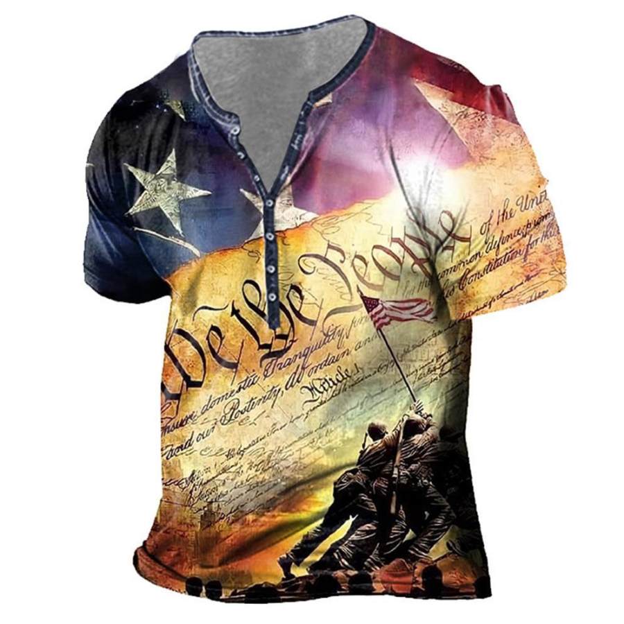 

Camiseta Henley Masculina Tamanho Grande Manga Curta Vintage Bandeira Americana Dia Da Independência Blusas De Verão Cáqui Preto Azul Verde