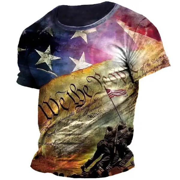 Men's T-Shirt Plus Size Short Sleeve Vintage American Flag Independence Day Summer Daily Tops Khaki Black Blue Green - Kalesafe.com 