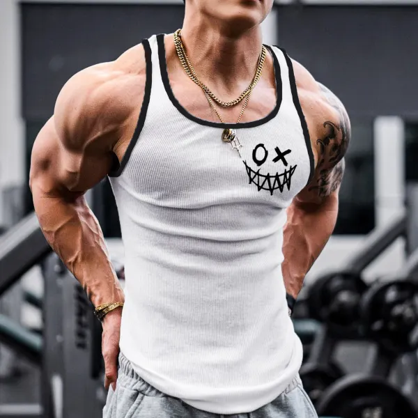 Men's Smiley Print Workout Sleeveless Tank Top - Chrisitina.com 