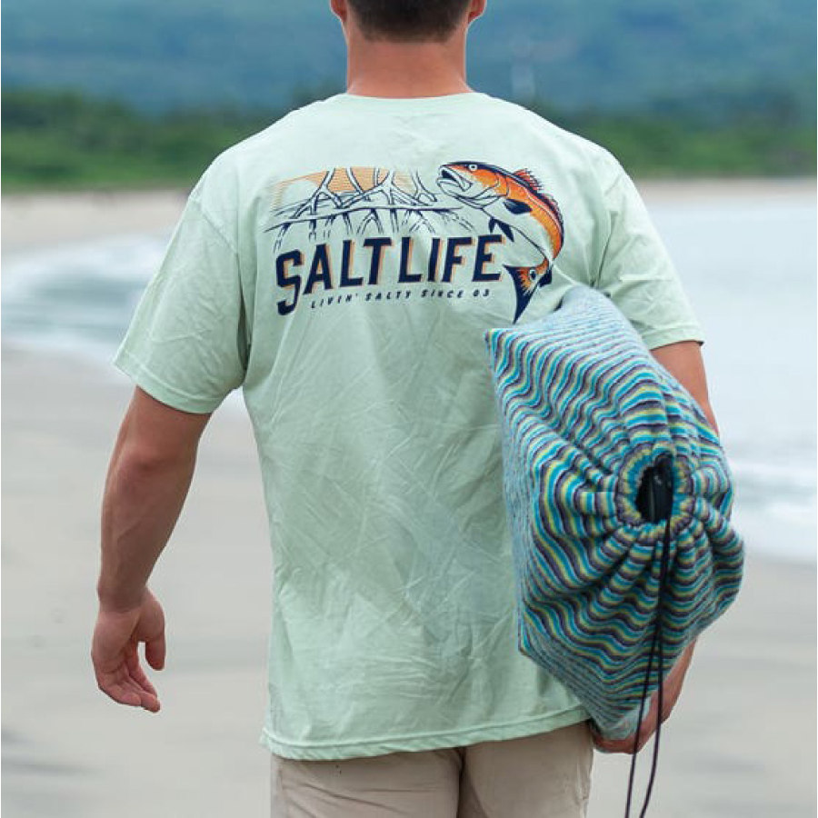 

Camiseta Masculina Vintage Salt Life Redfish Surf Praia Havaí Camiseta Manga Curta Ao Ar Livre Verão Diariamente Tops Verde Menta