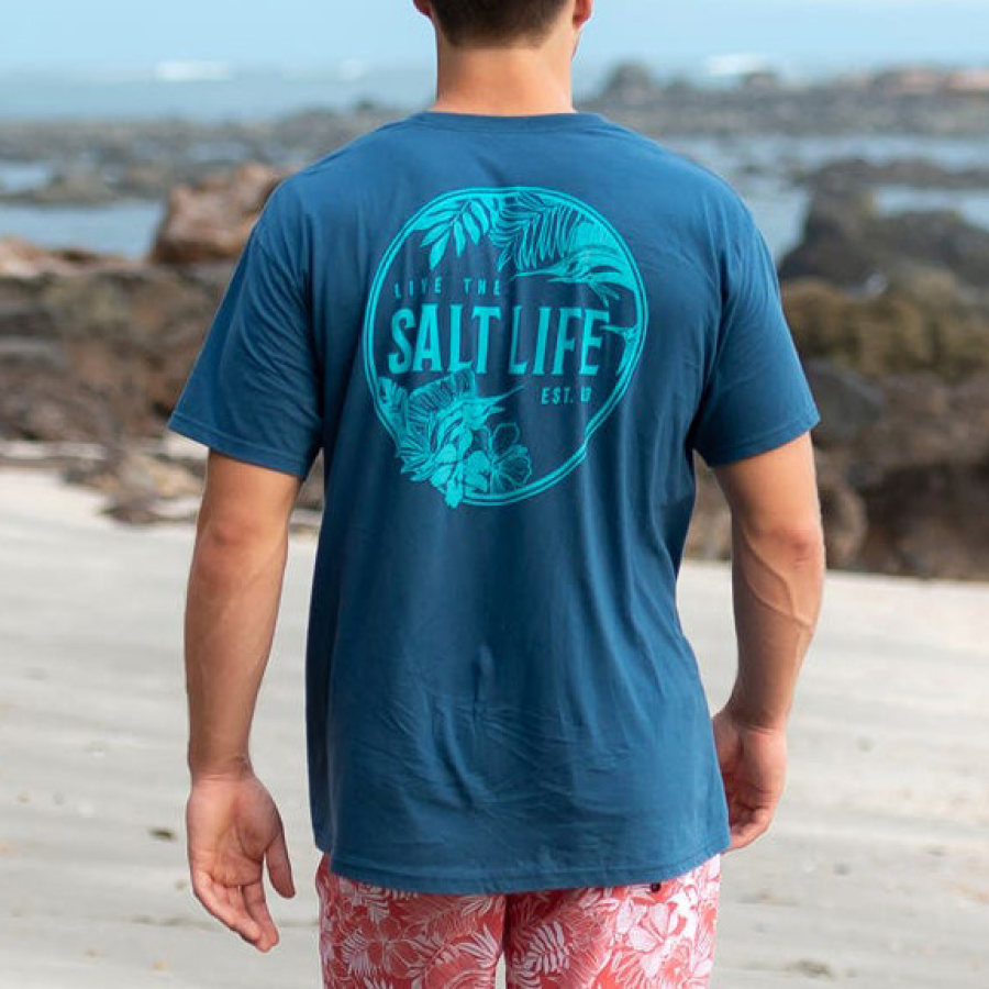 

Men's T-Shirt Vintage Salt Life Surf Hawaii Beach Short Sleeve Pocket Tee Outdoor Casual Summer Daily Tops Blue