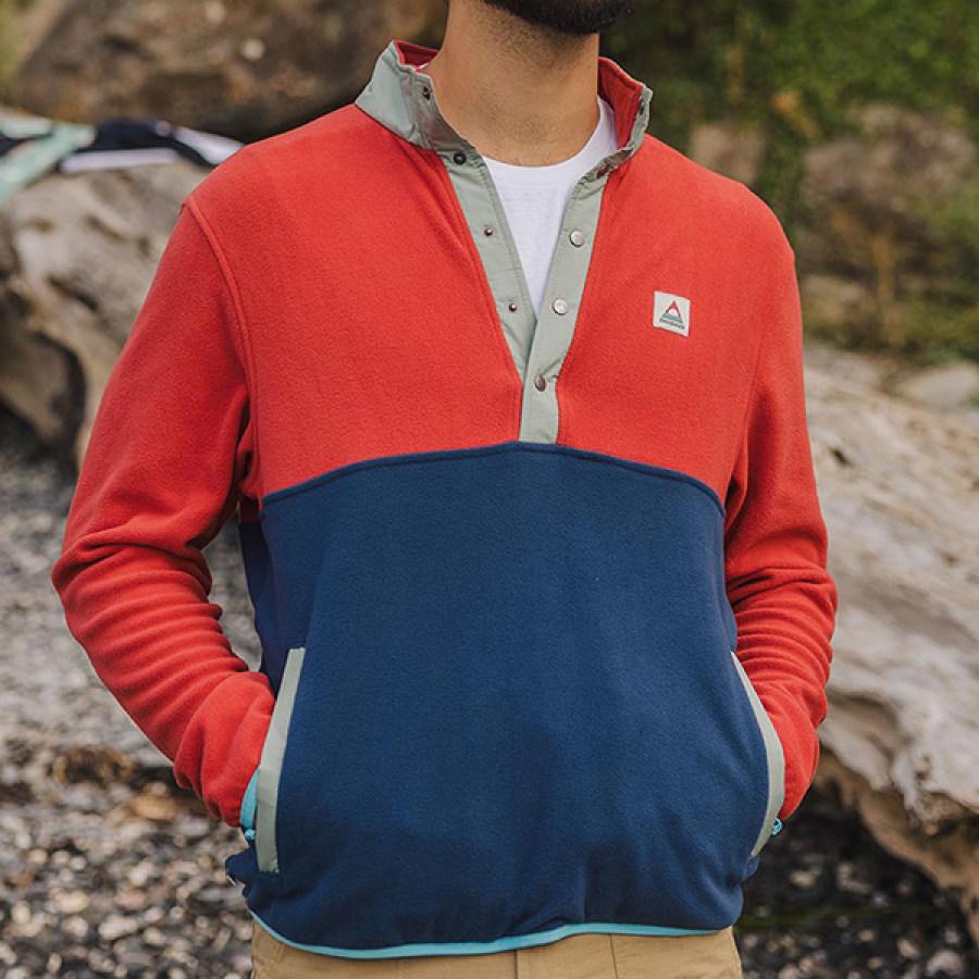 

Men Fleece 1/4 Henley Sweatshirt Adrift Recycled Polar Fleece Casual Vintage Colorblock Outdoor Sports Sweatshirt