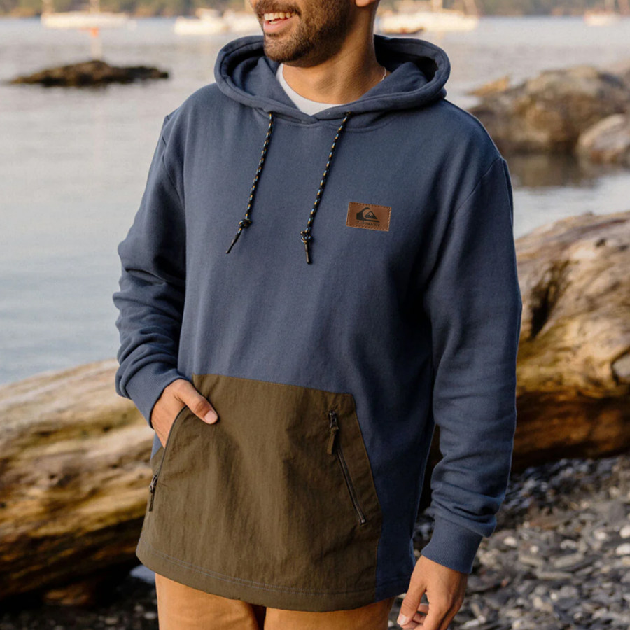 

Men's Vintage Outdoor Color Block Zipper Pocket Long Sleeve Hoodie