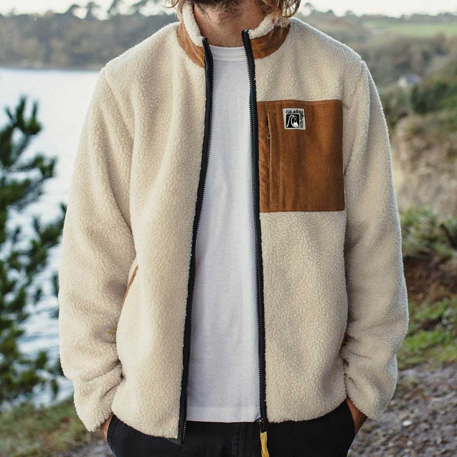 

Men's Jacket Full Zip Sherpa Fleece Vintage Quiksilver Warm Color Block Panel Outdoor Outerwear