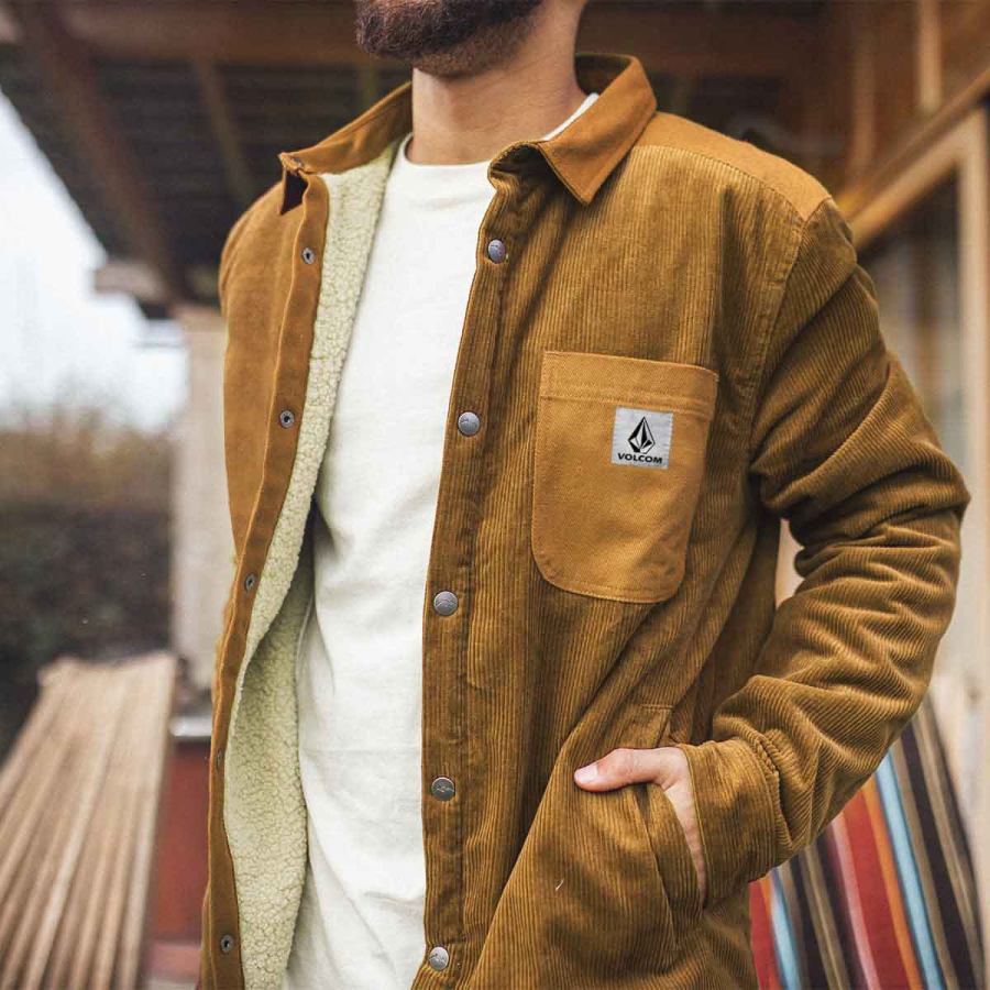 

Jaqueta Masculina De Manga Comprida De Veludo Cotelê Com Forro Sherpa Vintage Volcom Fleece Quente Diário Cúrcuma