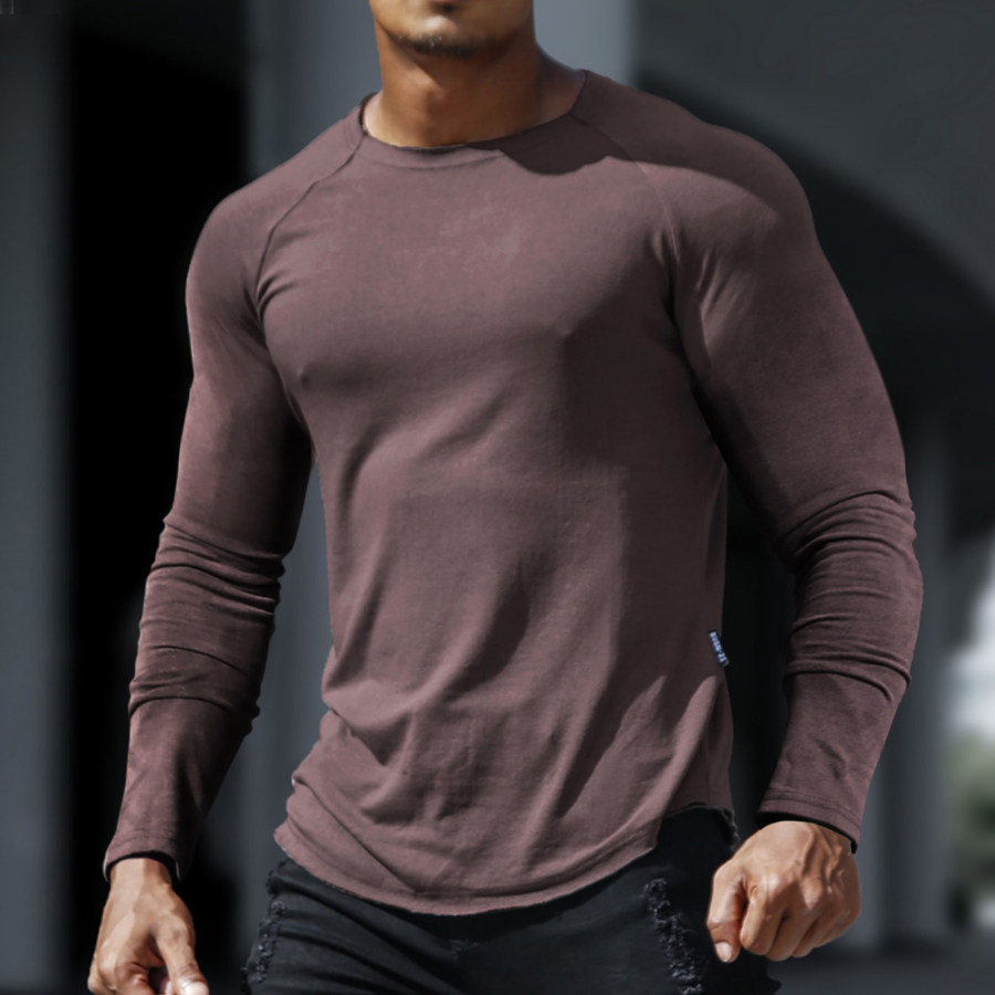 

Camisa Masculina Casual Básica Cor Sólida Respirável Com Fundo Fino Esportes Fitness T-shirt Magra De Manga Longa