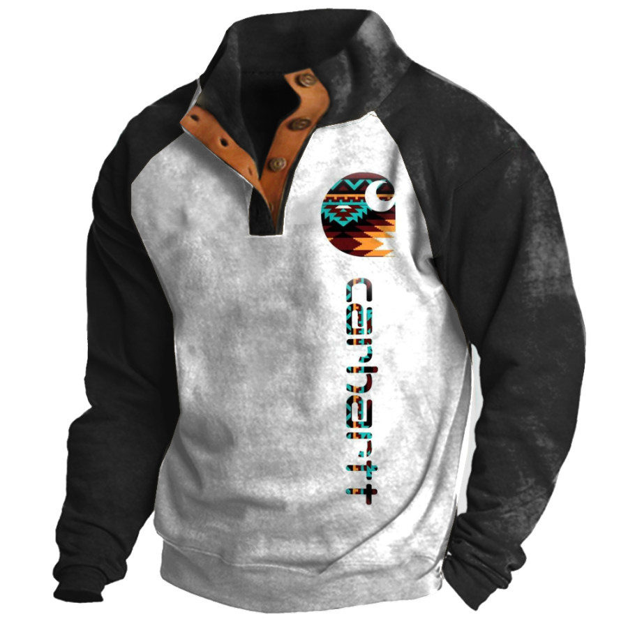 

Men's Outdoor Casual Color Matching Ethnic Print Stand Collar Sweatshirt