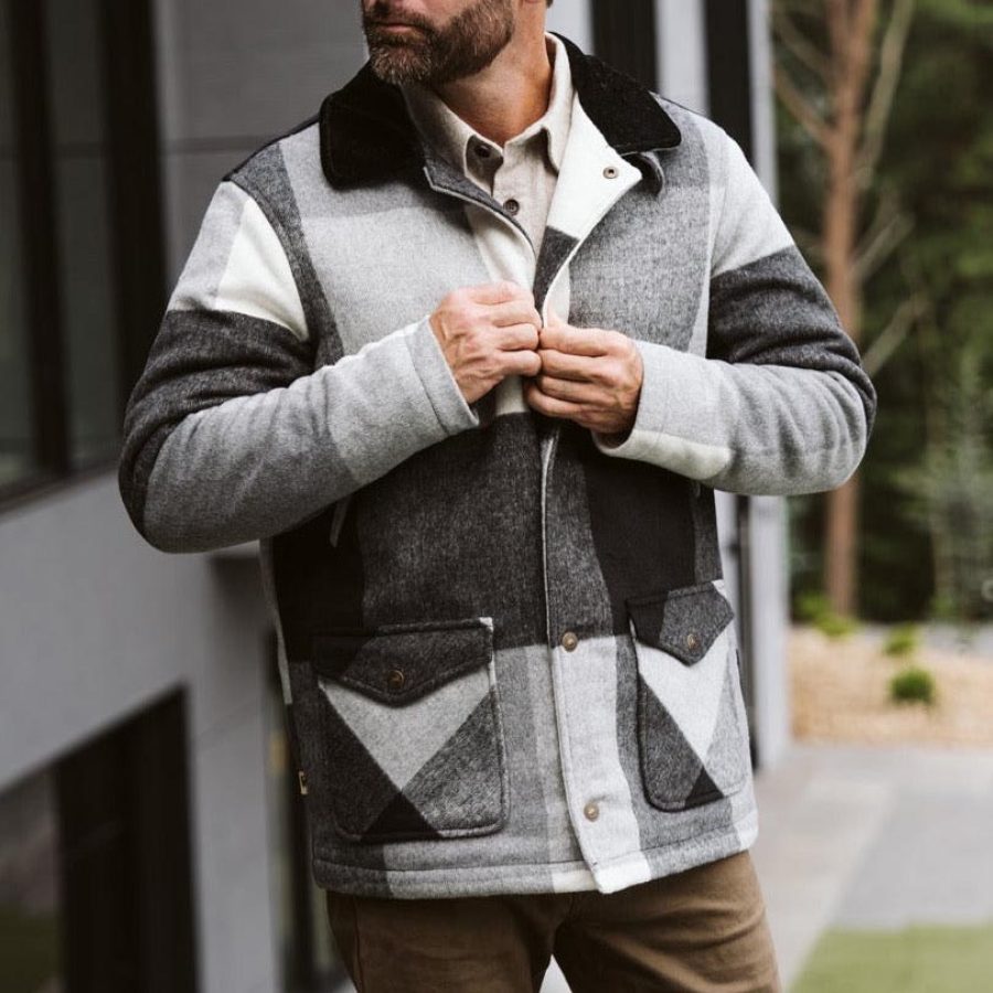 

Chaqueta De Hombre Solapa De Lana A Cuadros Vintage Multi Bolsillo Ropa De Abrigo Al Aire Libre Gris