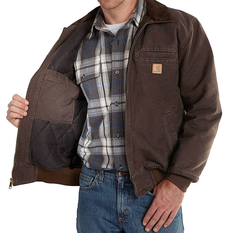 

Men's Jacket Retro Thick Lined Pocket Full Zipper Lapel Dark Coffee Color