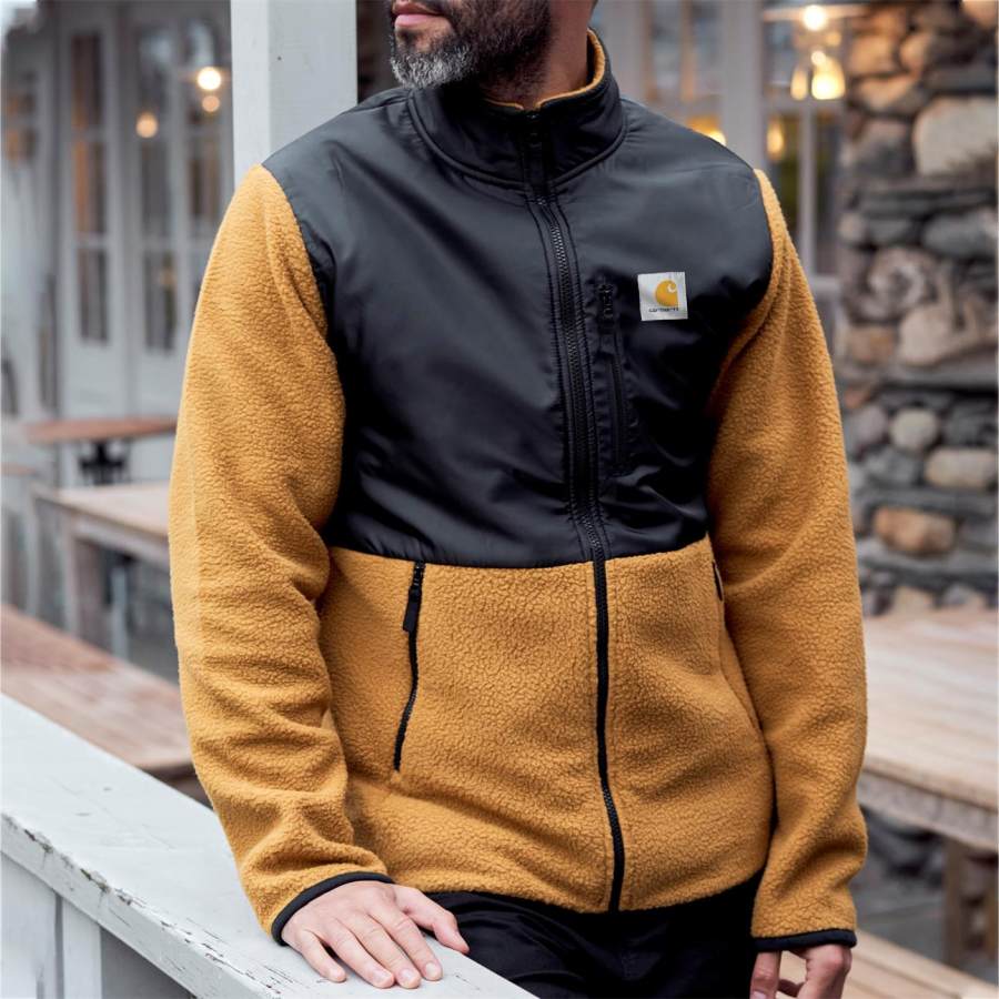 

Men's Jacket Full Zip Fleece Warm Colorblock Panel Outdoor Outerwear