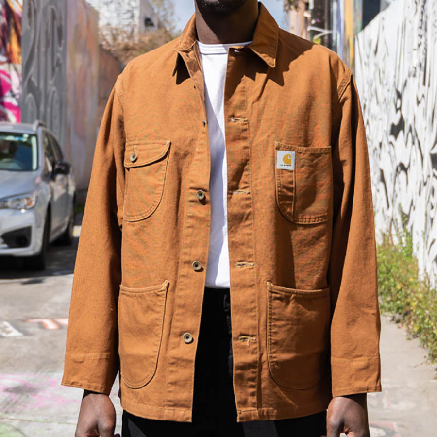 

Men's Jacket Vintage Pocket Lapel Corduroy Collar Outdoor Duck Canvas Coat