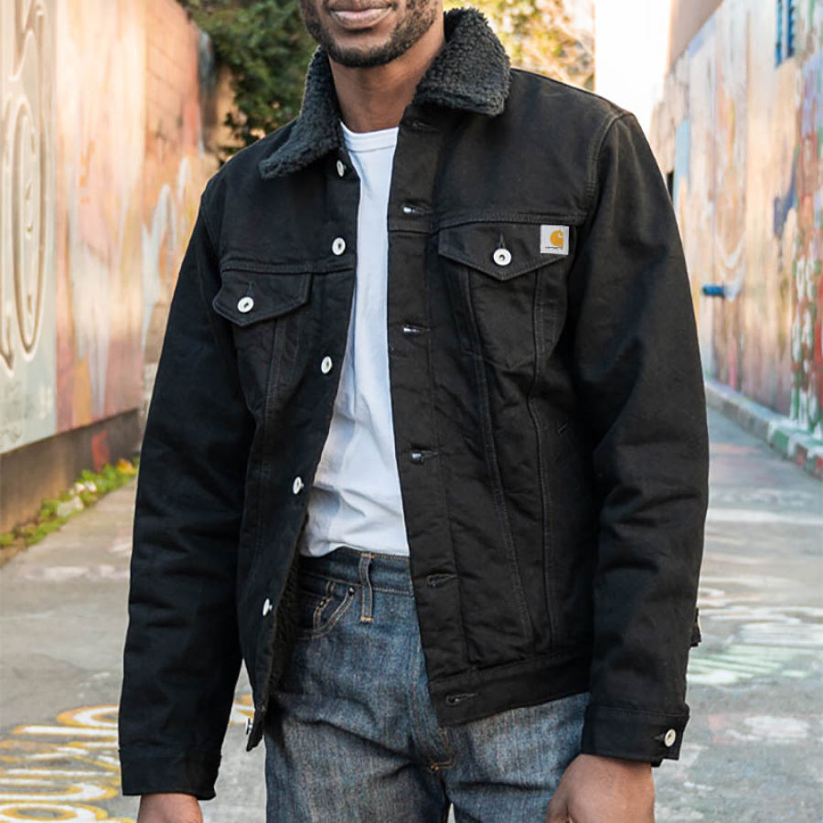 

Men's Denim Jacket Vintage Fleece Lapel Outdoor Coat Black