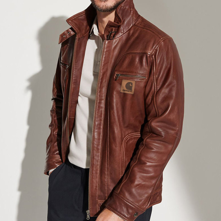 

Jaqueta Masculina Retrô De Couro Bomber Moto Com Vários Bolsos Com Zíper Marrom Avermelhada