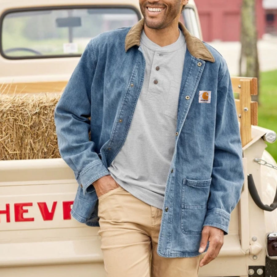 

Мужская джинсовая куртка в стиле ретро с цветными блоками и лацканами
