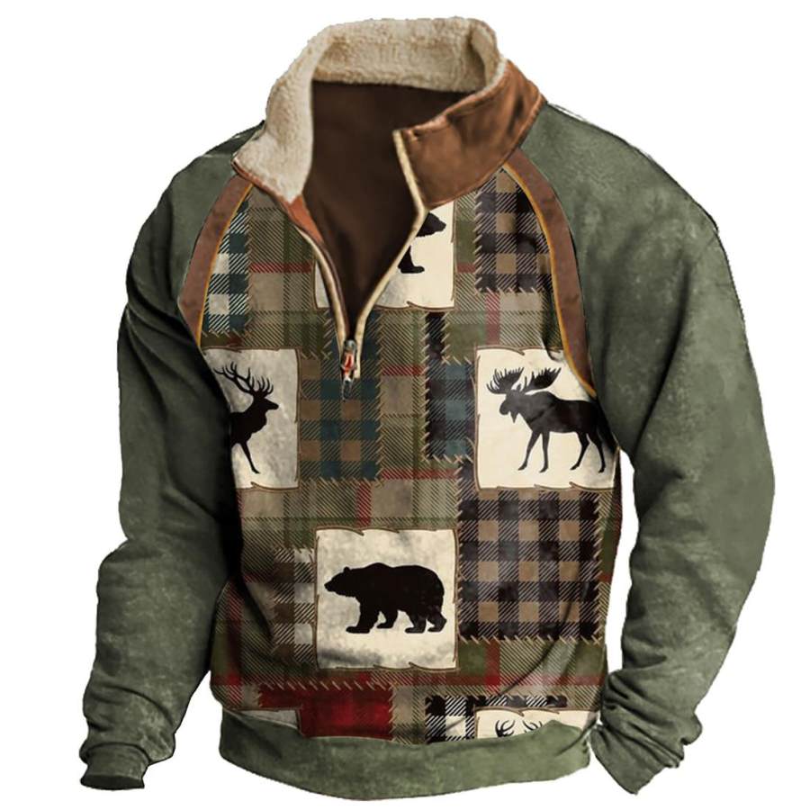 

Felpa Da Uomo Scozzese Cervo Orso Zip A Un Quarto Vintage Quotidiano Top Verde Militare