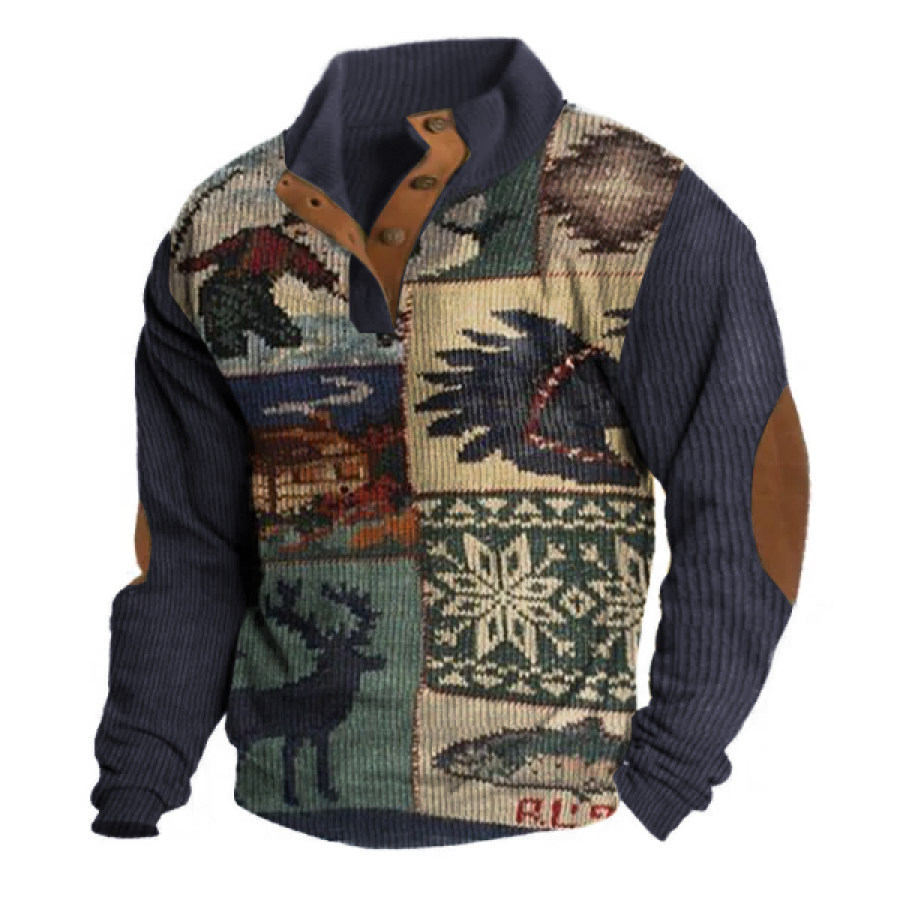 

Men's Outdoor Corduroy Henley Neck Sweatshirt Indian Christmas Print Retro Thickened Tactical Top