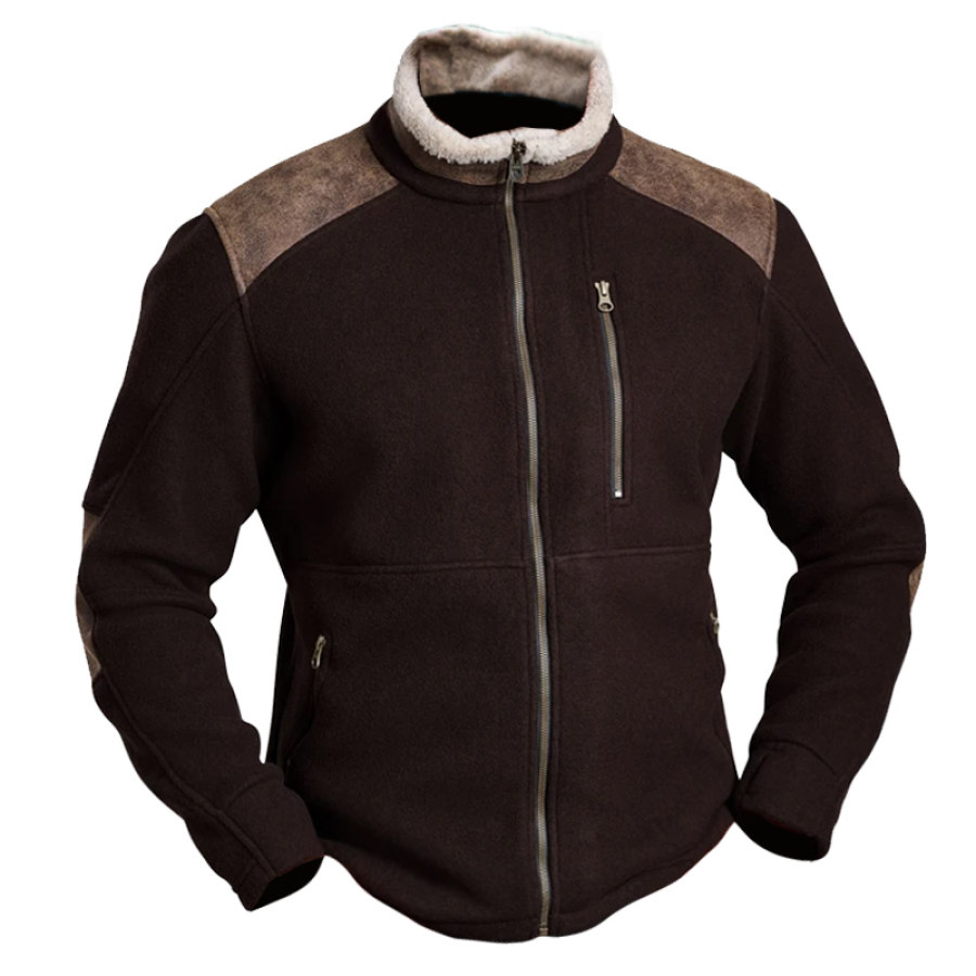 

Men's Vintage Yellowstone Polar Fleece Leather Patchwork Zipper Outdoor Jacket