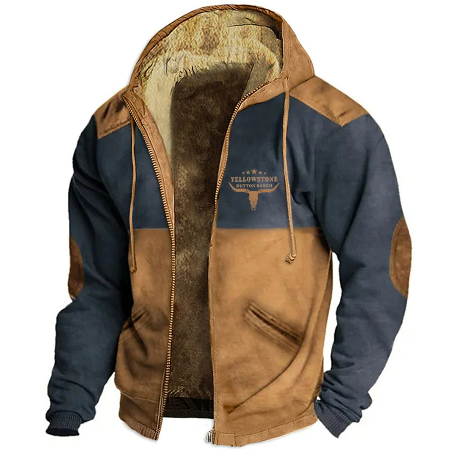 

Herren-Sweatshirtjacke Aus Fleece Im Retro-Western-Yellowstone-Print Mit Kapuze Tasche Kordelzug Und Farbblock