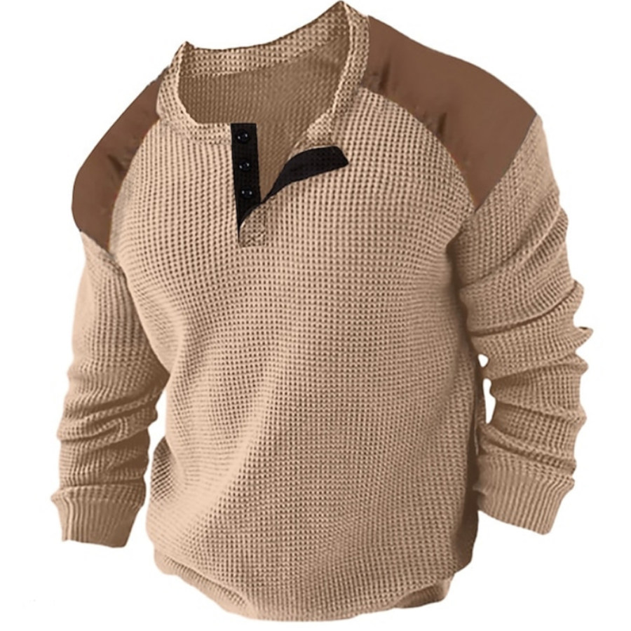 

Lässiges Outdoor-Sweatshirt Mit Waffel-Kontrast-Patchwork Und Henley-Kragen Für Herren