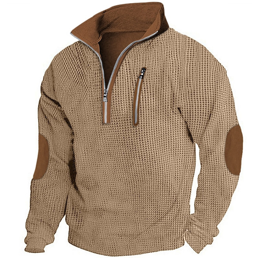 

Chemise à Manches Longues En Tricot Gaufré Pour Hommes Bloc De Couleurs Fermeture éclair Sur Un Quart Street Resort Manches Longues Patchs Aux Coudes Sweat-shirt