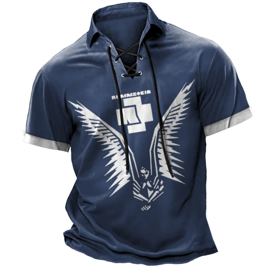 

Мужская футболка на шнуровке-поло Rammstein Wings Rock Band с принтом в винтажном стиле с цветными блоками и короткими рукавами летние повседневные топы