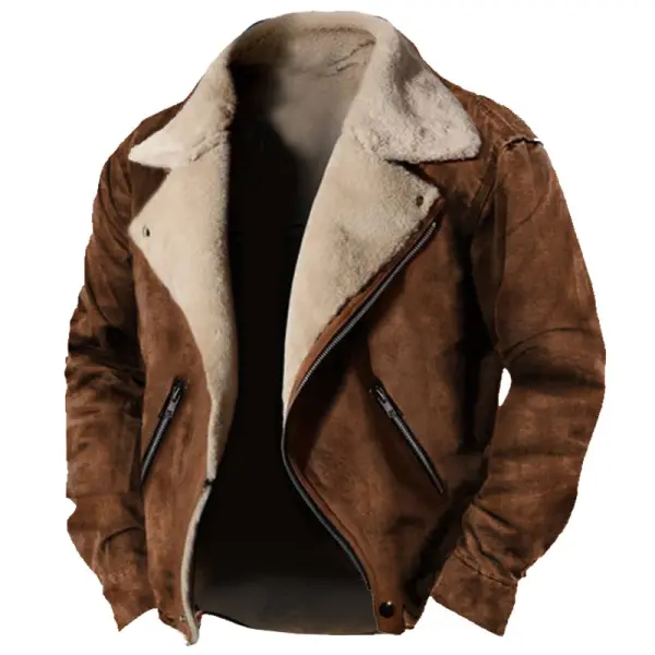 Men's Vintage Outdoor Training Suede Zip Pocket Lamb Fleece Collar Warm Jacket - Cotosen.com
