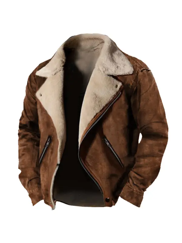Men's Vintage Outdoor Training Suede Zip Pocket Lamb Fleece Collar Warm Jacket - Anrider.com 