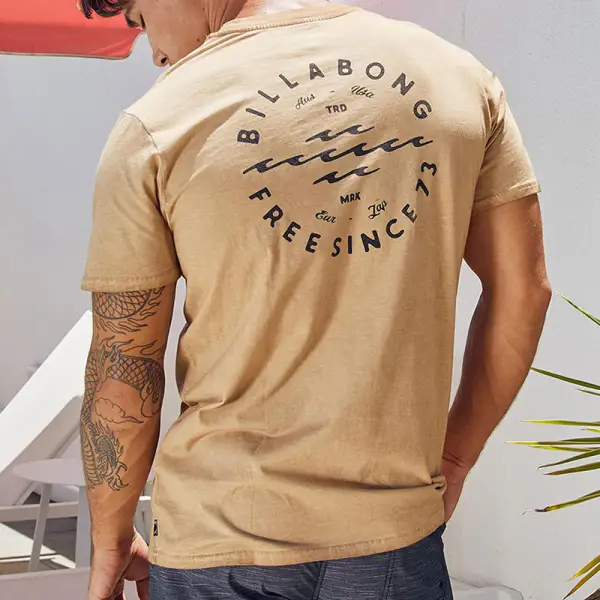 Men's Billabong T-shirt Retro Surf Print Beach Vacation Casual Tee Khaki - Yiyistories.com 
