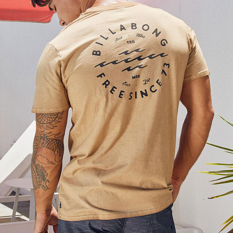 

Men's Billabong T-shirt Retro Surf Print Beach Vacation Casual Tee Khaki