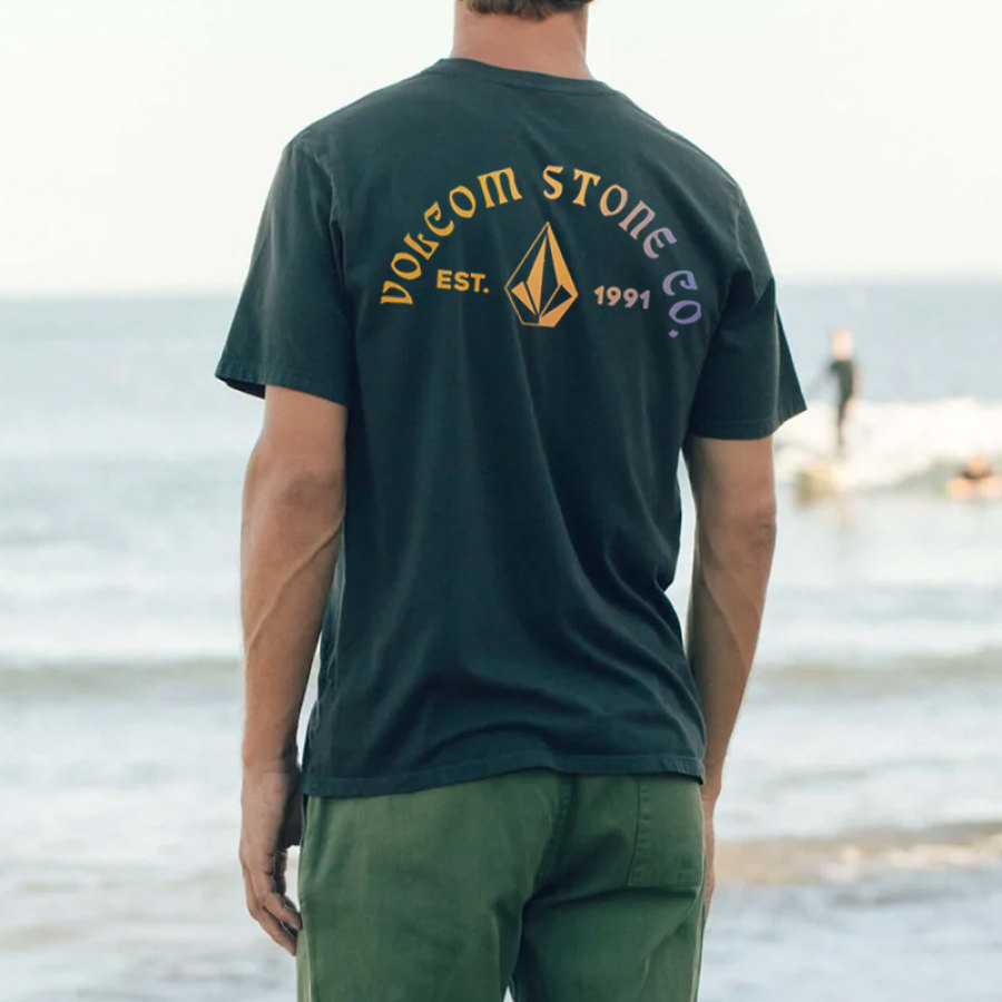 

T-shirt Da Surf Da Uomo Retro Volcom Print Beach Vacation Casual Tee Verde