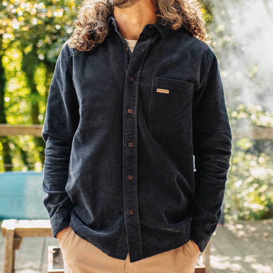 

Men's Shirt Long Sleeve Corduroy Cord Vintage Passenger Daily Tops Navy Blue