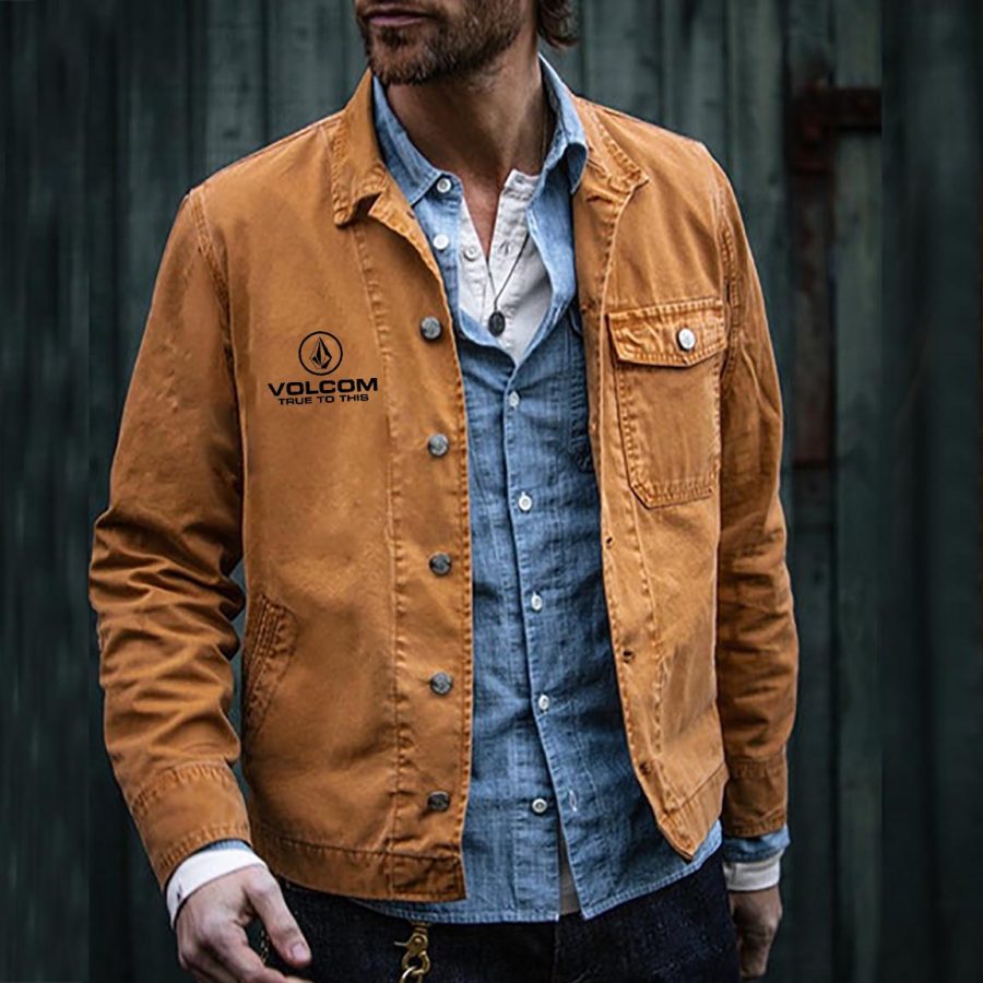 

Men's Jacket Canvas Button Vintage Volcom Pocket Outerwear