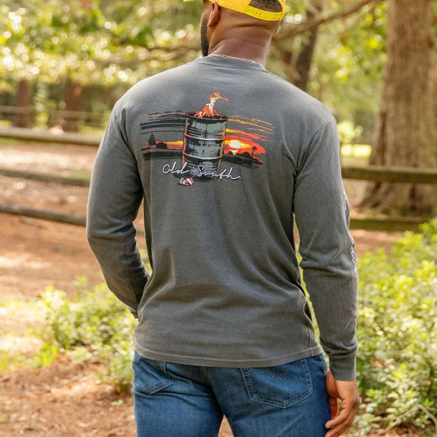 

Men's Long Sleeve T-Shirt Vintage Barrel Fire Print Work Pullover