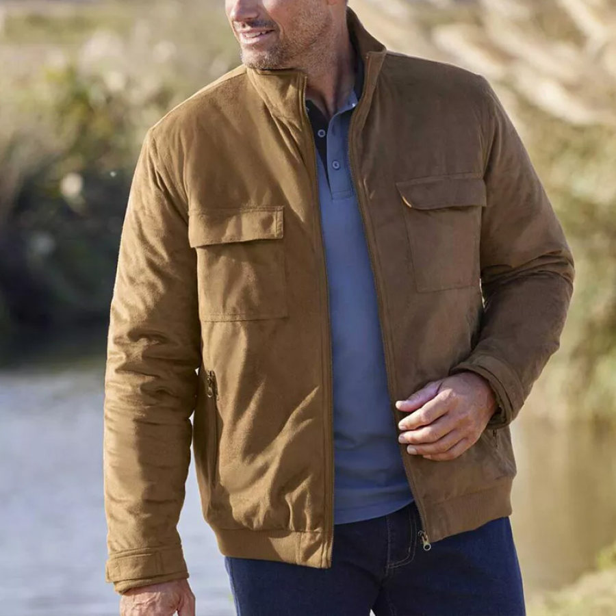 

Мужская куртка светло-коричневого цвета стеганая из искусственной замши водонепроницаемая