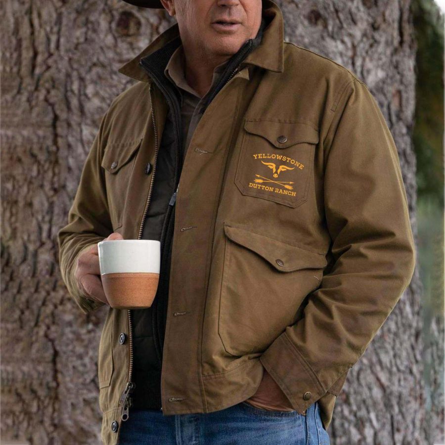 

Мужская куртка винтажная Йеллоустон Даттон Ранчо с несколькими карманами и лацканами уличное парусиновое пальто коричневого цвета
