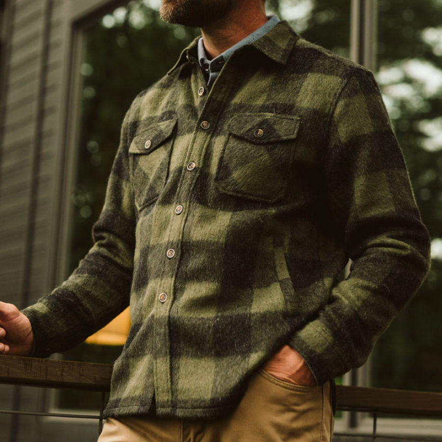 

Veste Chemise Pour Hommes à Carreaux En Laine Revers Poche Vintage Vêtements D'extérieur Vert