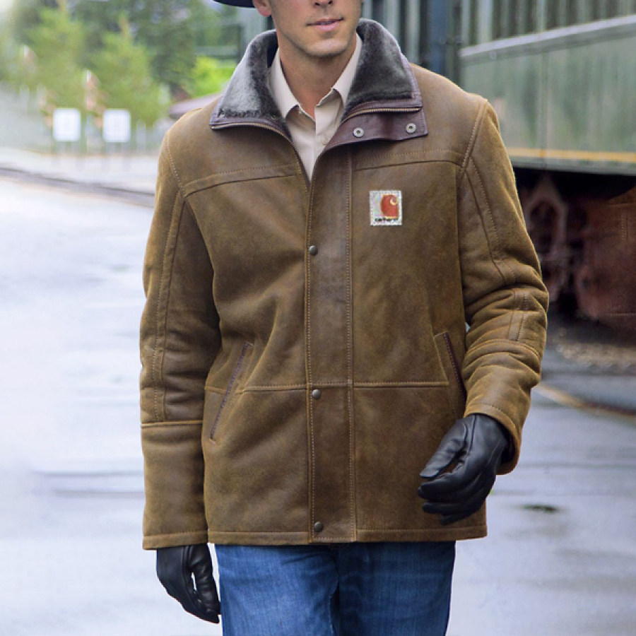 

Cappotto Da Uomo Vintage In Pelle Di Pecora Telluride Con Finiture In Pelle