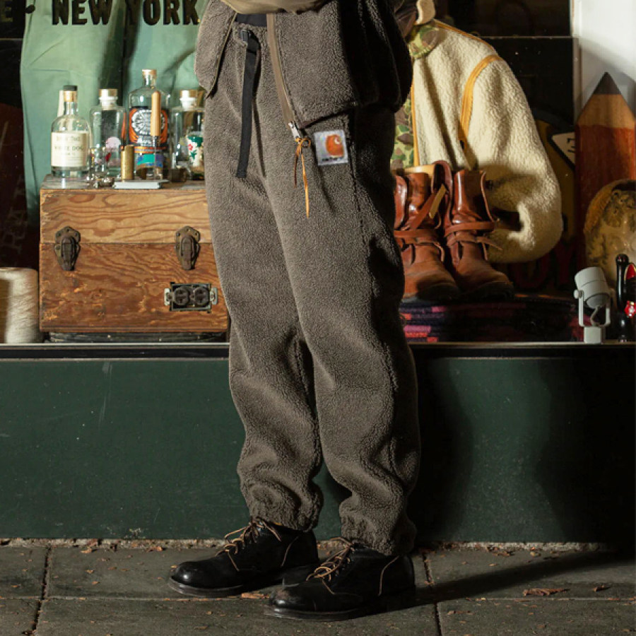 

Pantalones Casuales Con Bolsillo Polar Cálido Retro Para Hombre