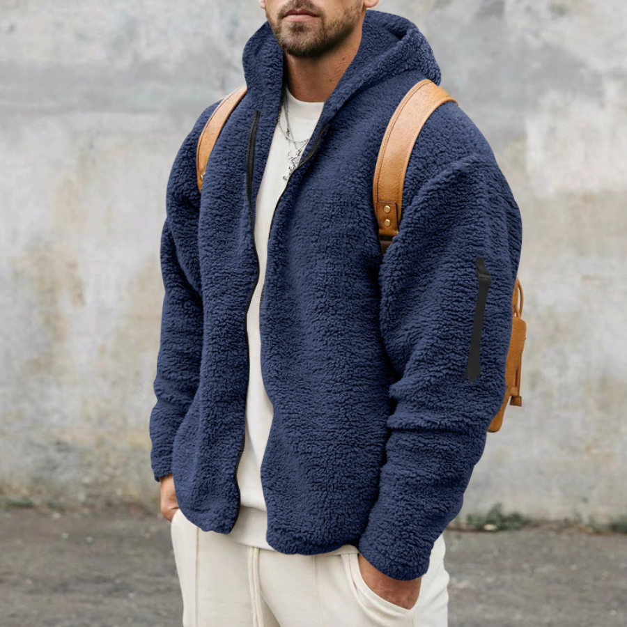 

Men's Sherpa Double Sided Fleece Warm Jacket Loose Hooded Casual Jacket